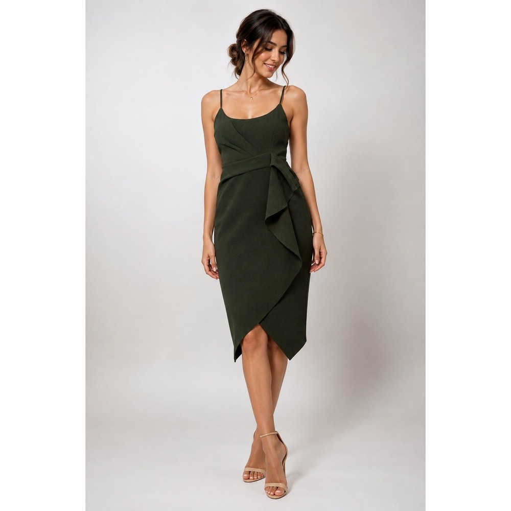 Here Comes The Sun Olive Green Asymmetrical Ruffle Bodycon Midi Dress